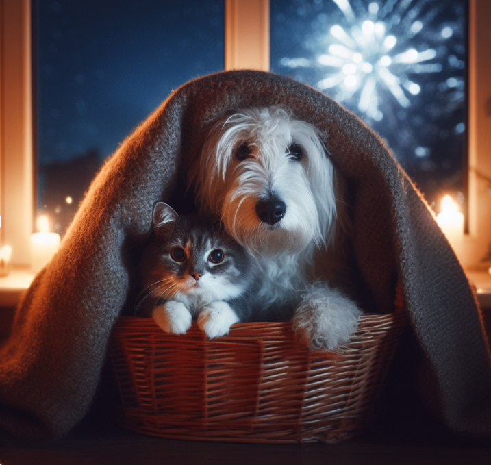 zdjęcie psa i kota w koszyku pod kocem, za oknem fajerwerki