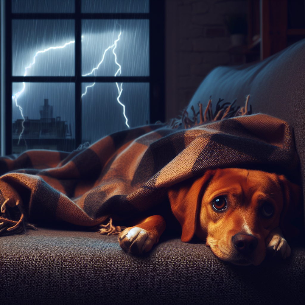 Zdjęcie psa leżącego pod kocem, za oknem burza