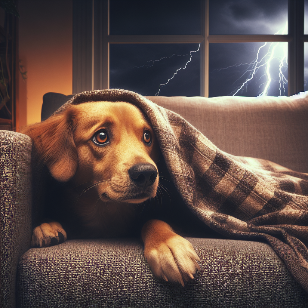 Pies leżący pod kocem na kanapie za oknem burza
