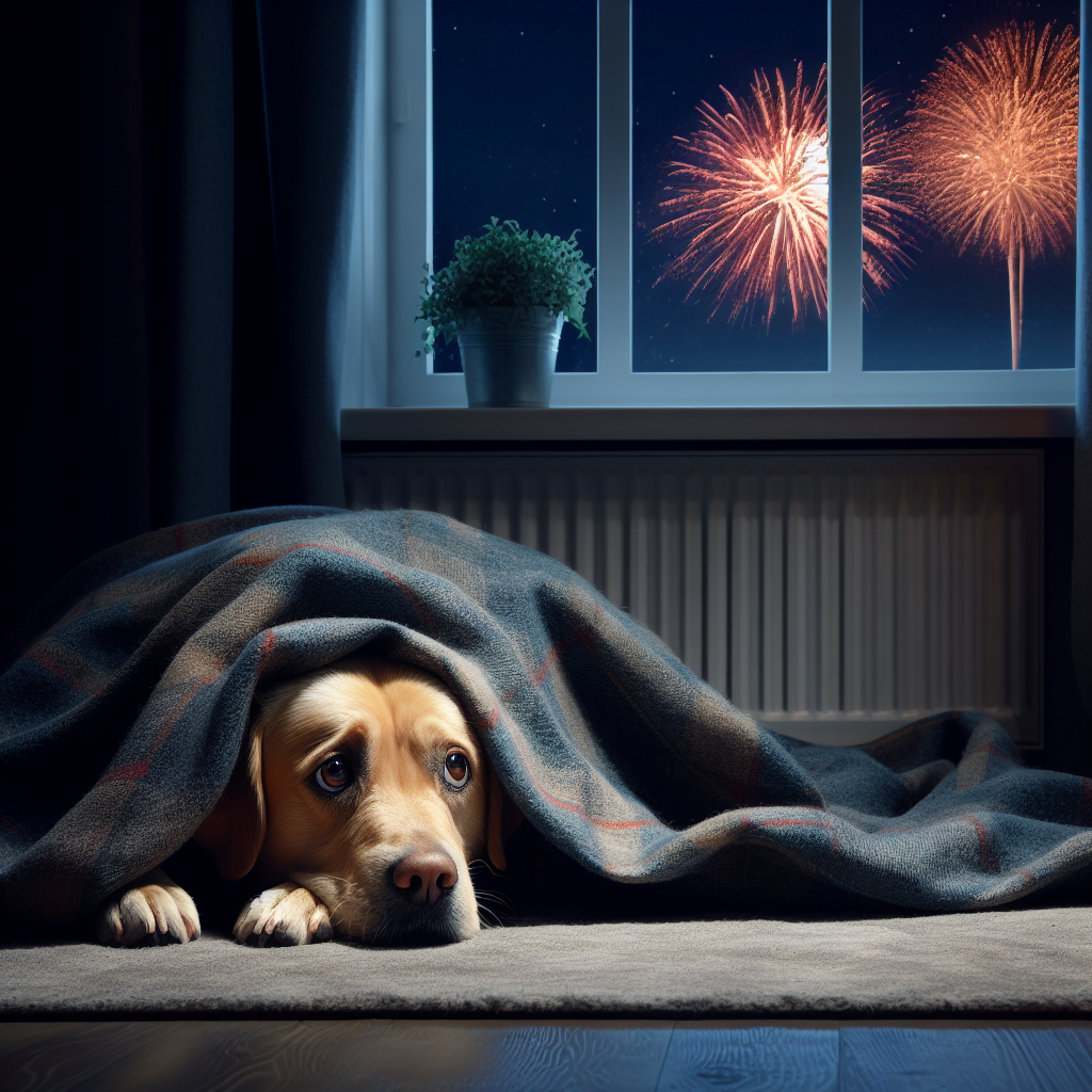 Przestraszony pies leży pod kocem, za oknem fajerwerki
